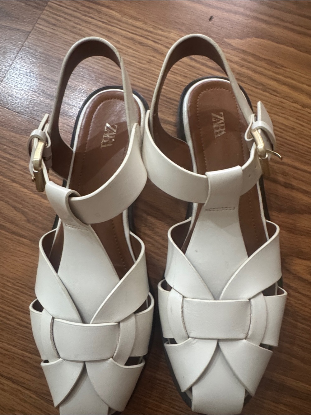 Zara Cream Braided T-Strap Slingback Sandals